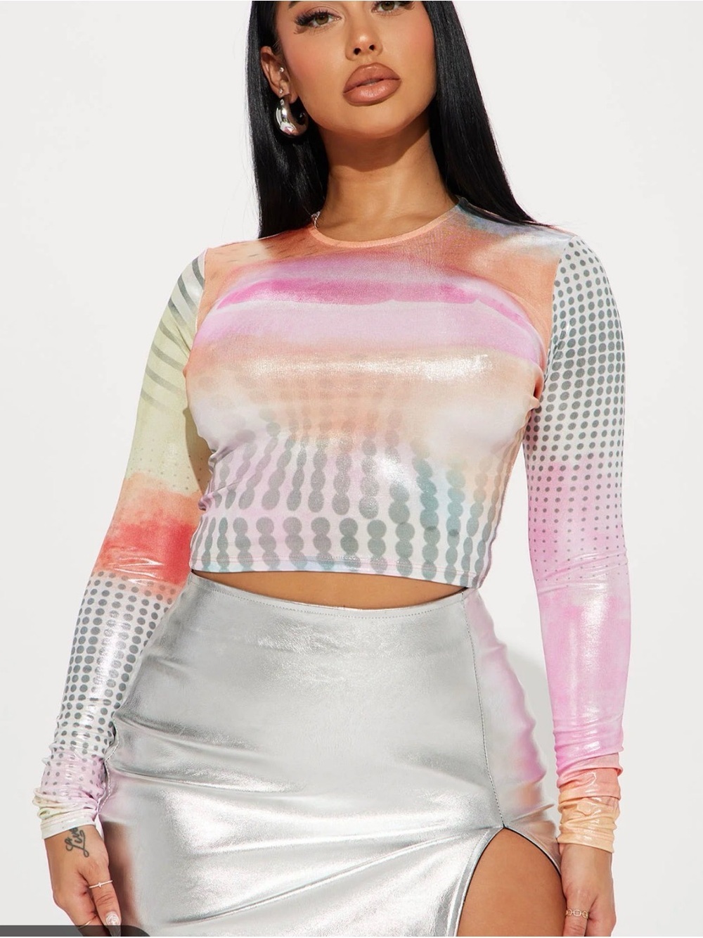 Fashion Nova Pastel Multi Metallic Watercolor Long-Sleeve Crop Top Y2K Artsy